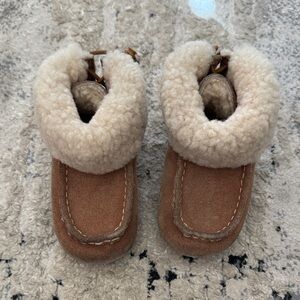 UGG Kids Chestnut Suede Moccasin Boots with Cream Shearling